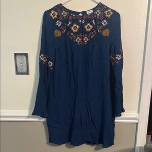 Blue Rain Navy Tunic with Floral Embroidery